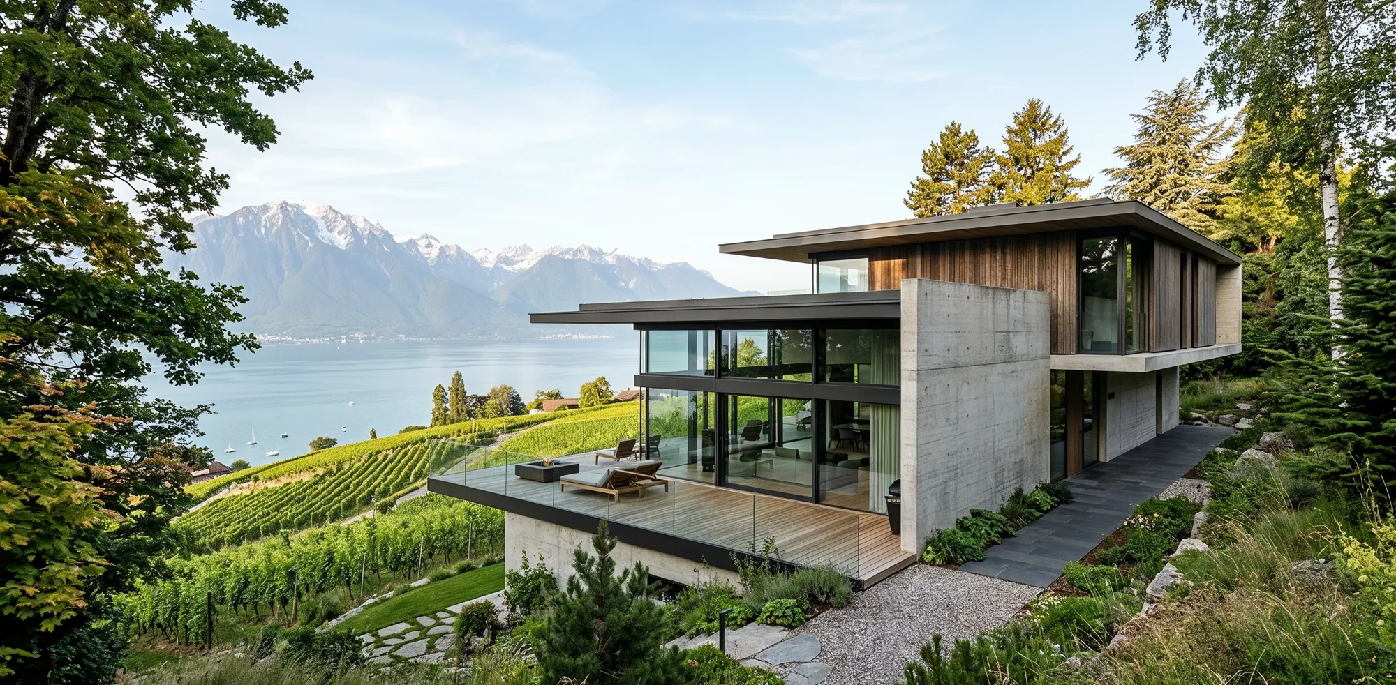 Villa contemporaine en béton et bois surplombant le lac Léman et ses vignes en terrasses